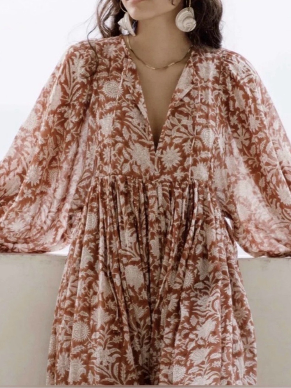 Daughters of India Kyra Midi Caramel Rust and White Floral Cotton Dress M